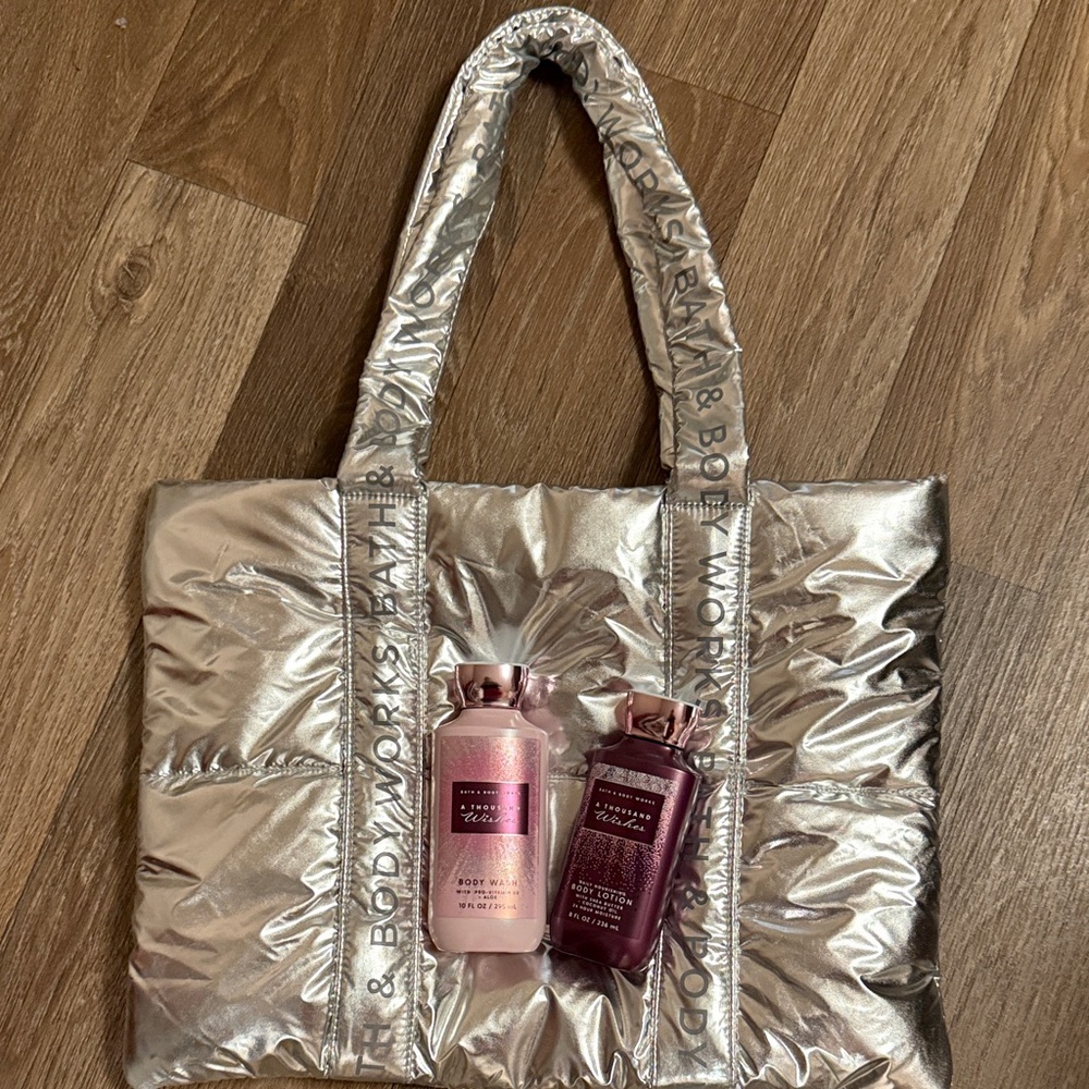 Bath&Body Works Silver Tote Bag with Thousand Wishes lotion and body wash